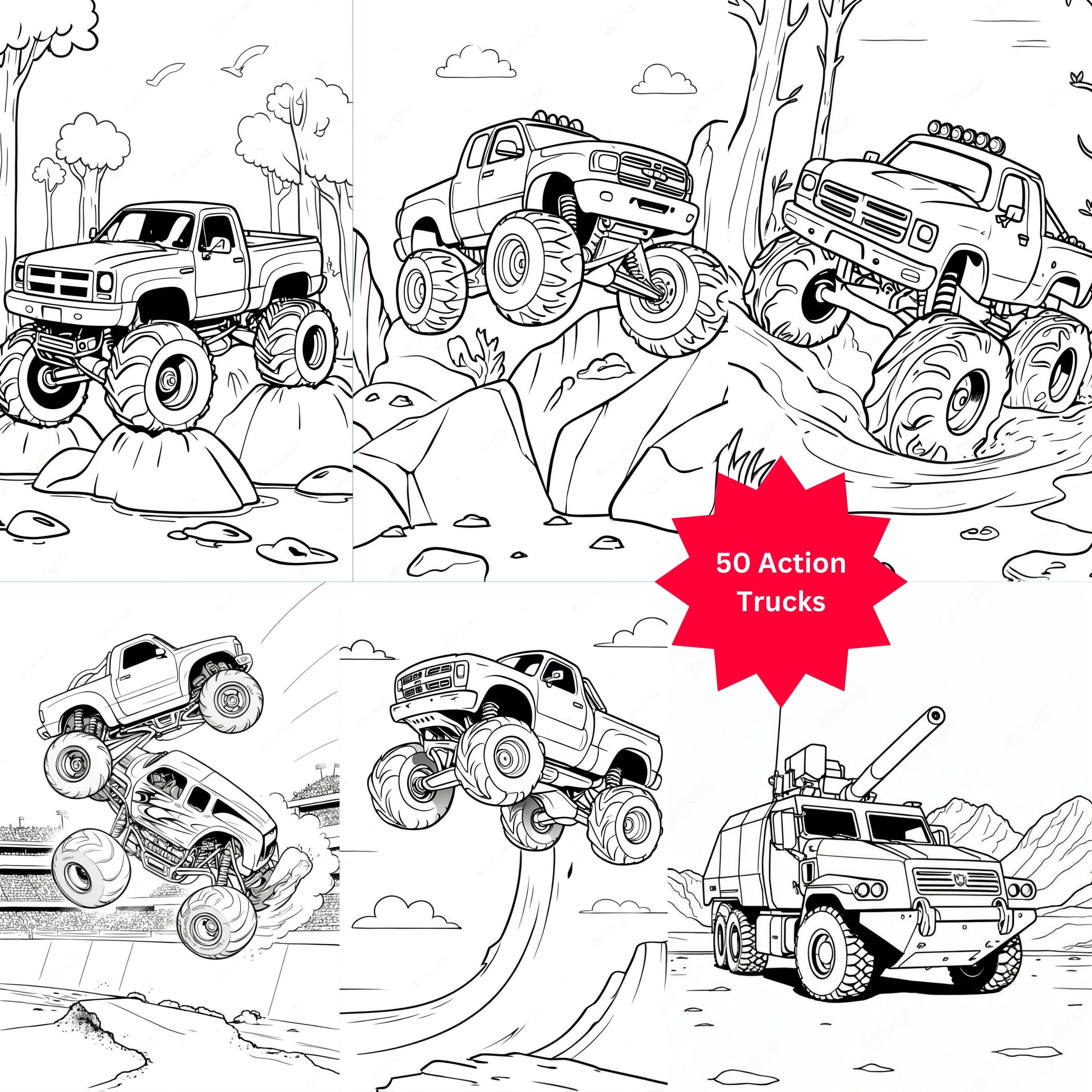 Monster Truck Coloring Book with 50 Action Images