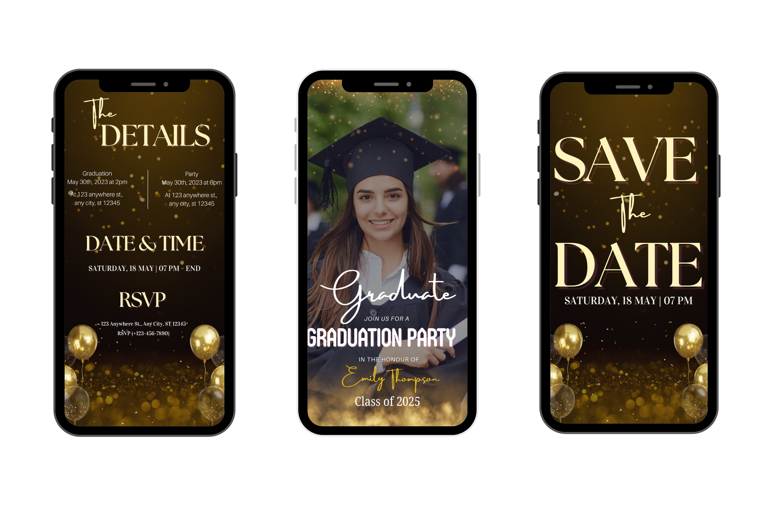 Navy Blue & Neon Gold Light Graduation Invitation Class of 2025 – Editable Digital Grad Party e-Invite Template |Instant Download for Phone
