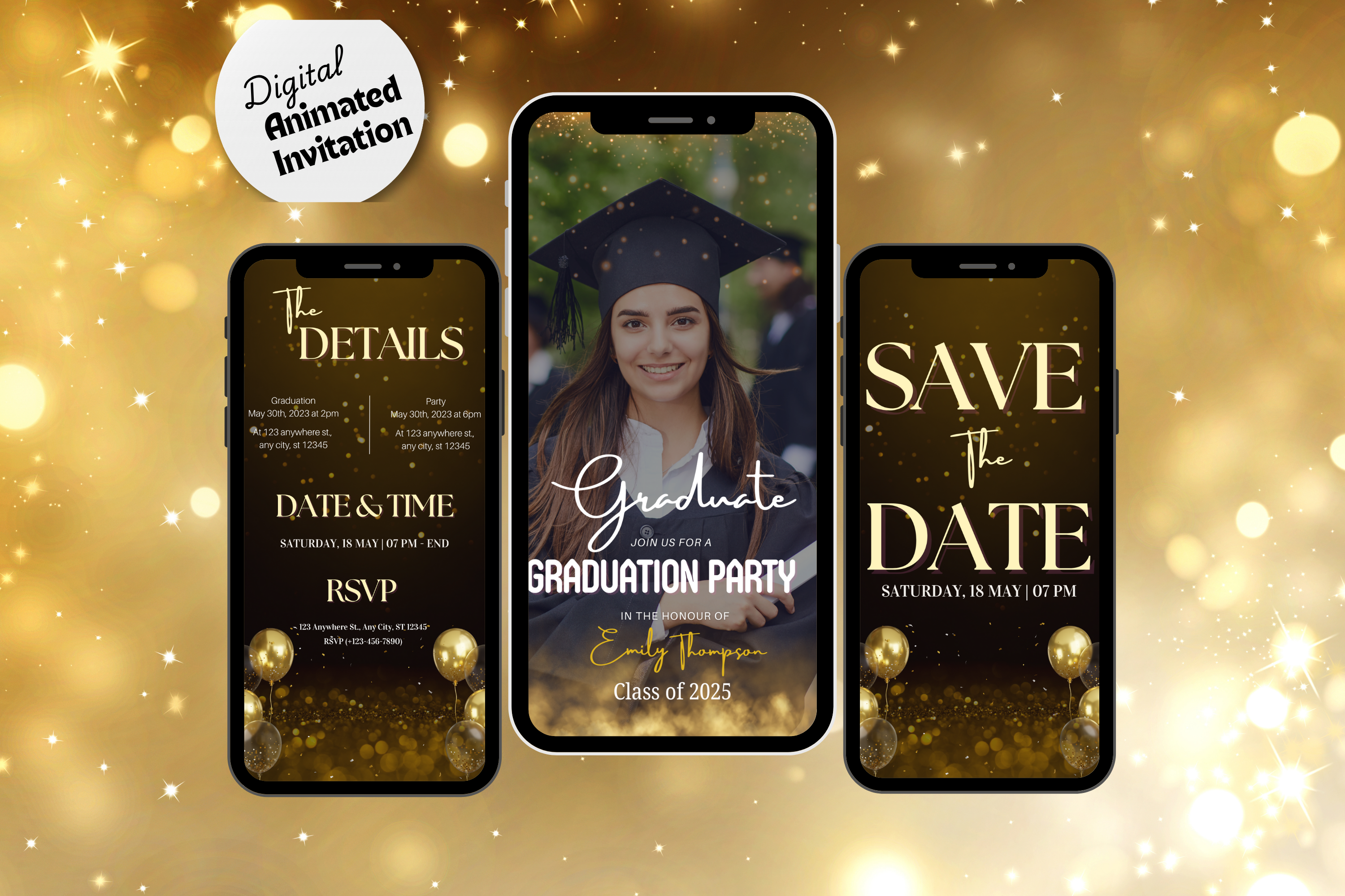 Navy Blue & Neon Gold Light Graduation Invitation Class of 2025 – Editable Digital Grad Party e-Invite Template |Instant Download for Phone