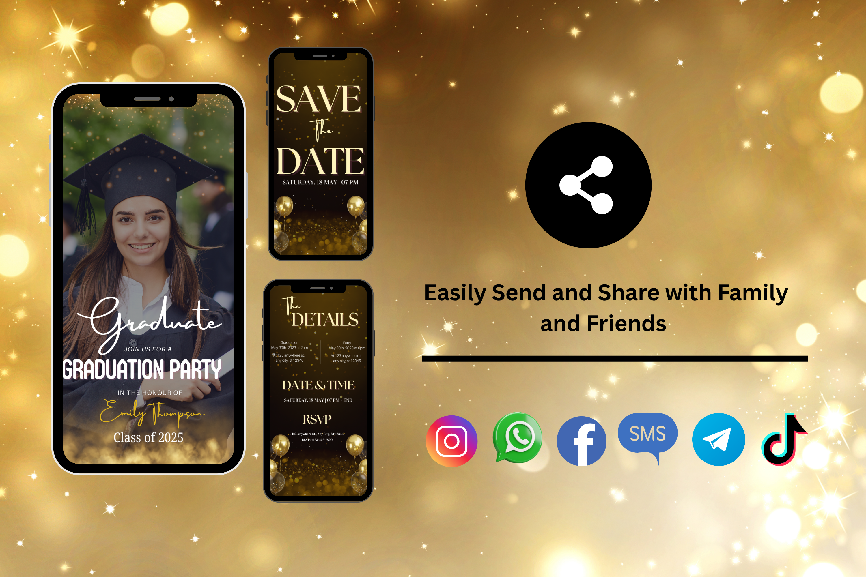 Navy Blue & Neon Gold Light Graduation Invitation Class of 2025 – Editable Digital Grad Party e-Invite Template |Instant Download for Phone