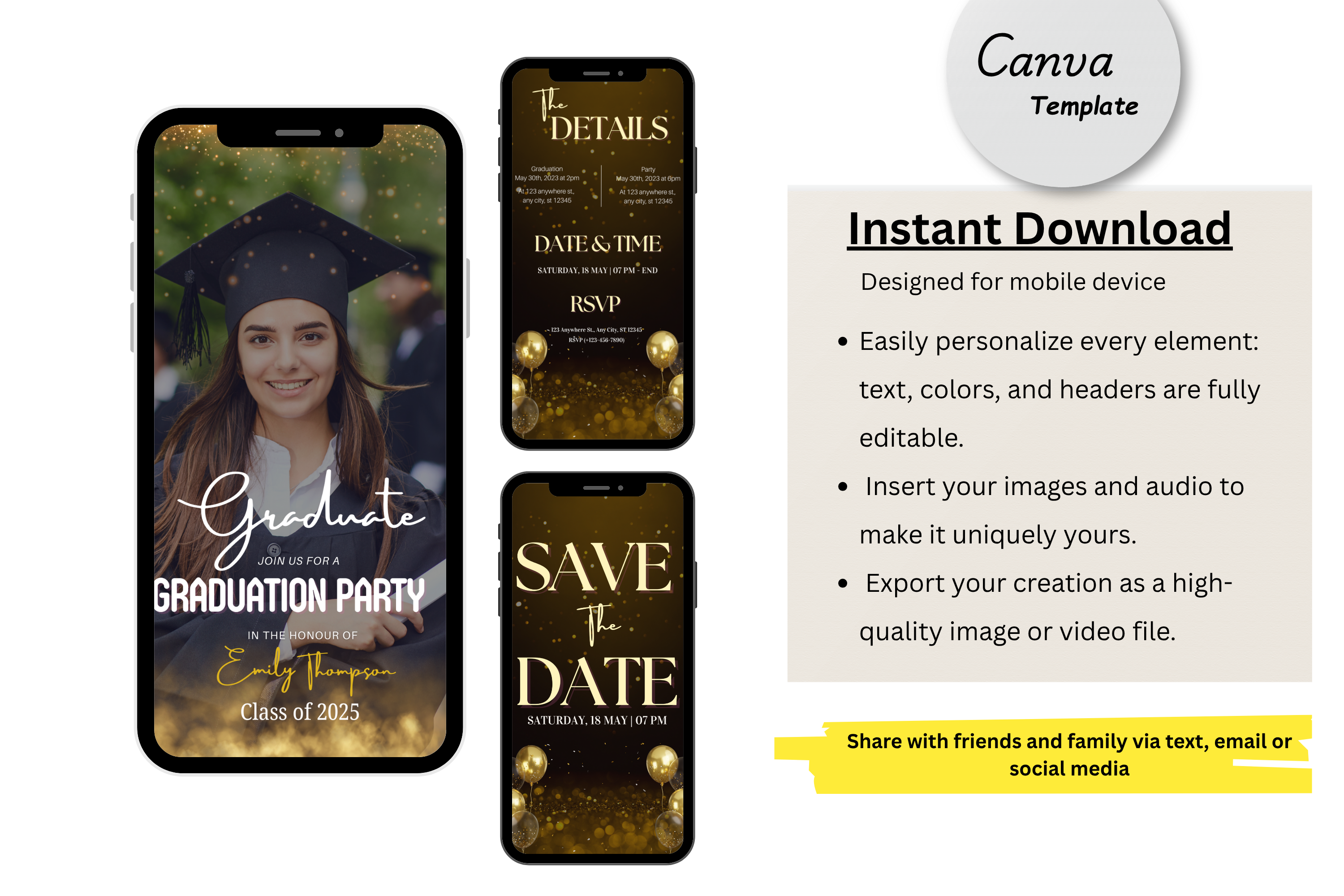 Navy Blue & Neon Gold Light Graduation Invitation Class of 2025 – Editable Digital Grad Party e-Invite Template |Instant Download for Phone