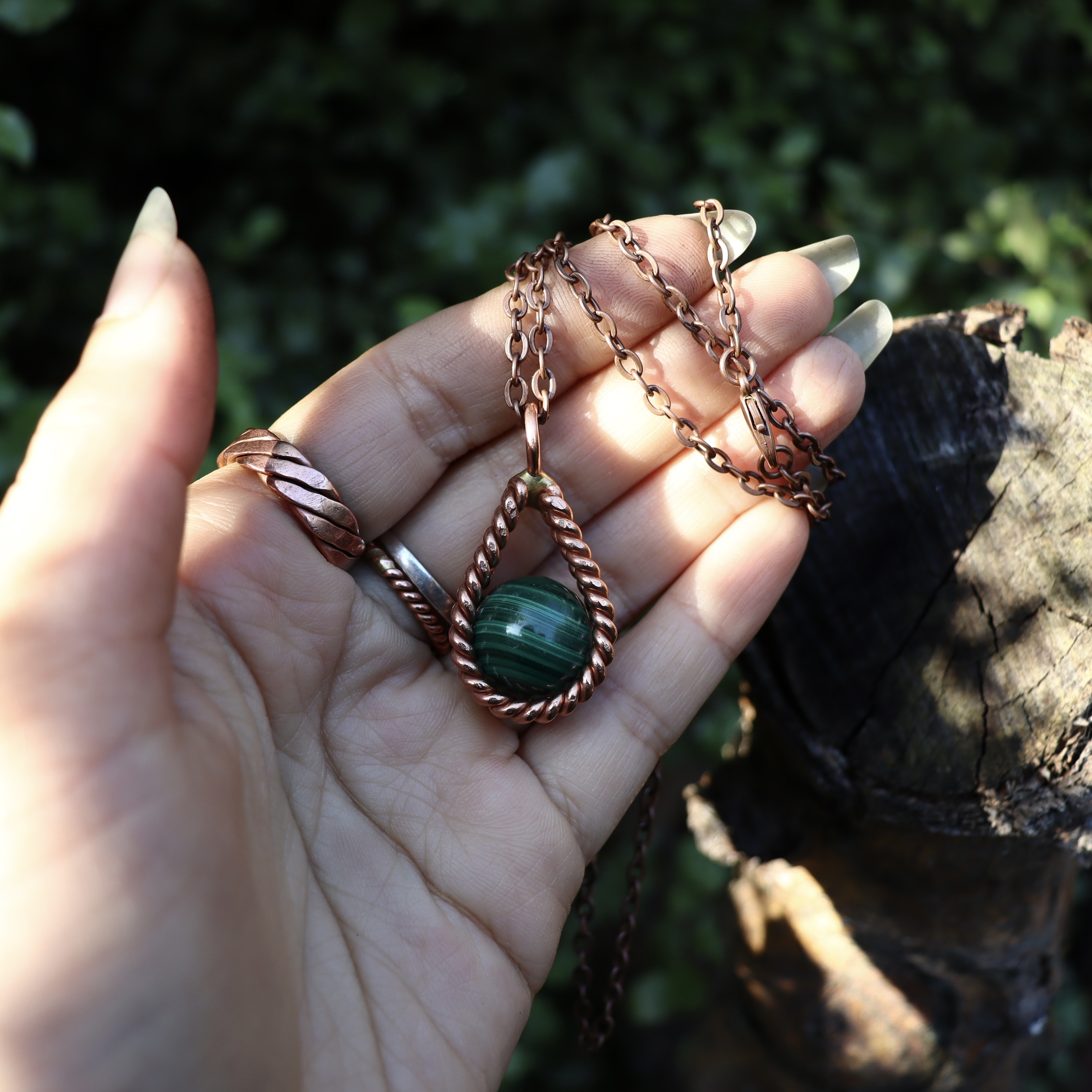 Teardrop Tensor Ring Copper Pendant Natural Malachite 