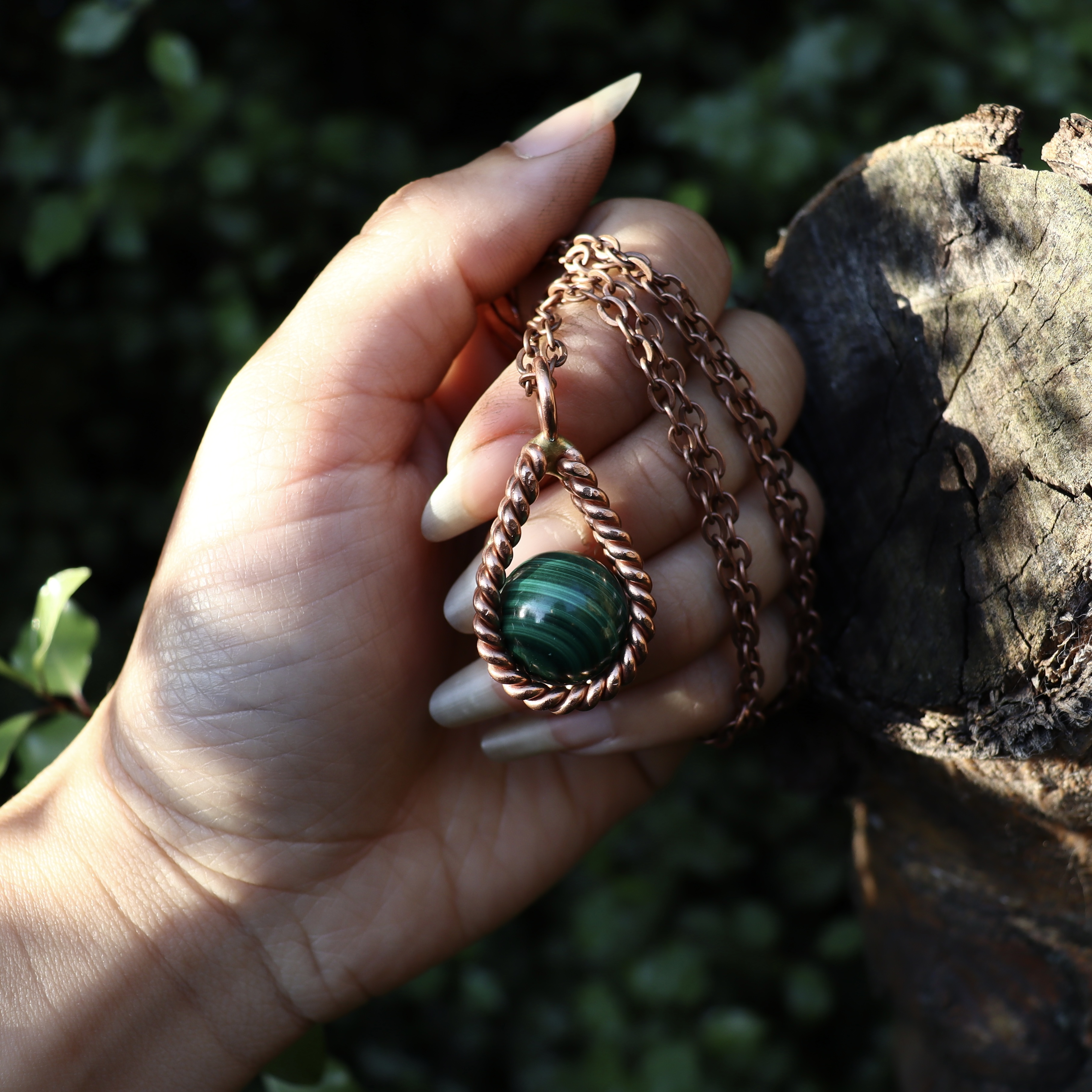 Teardrop Tensor Ring Copper Pendant Natural Malachite 