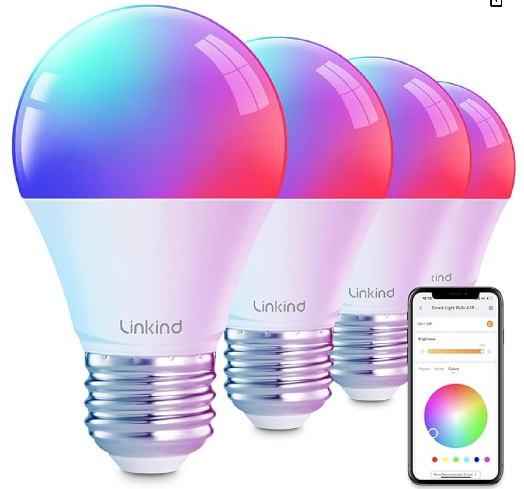 Linkind Smart Light Bulbs, Smart Bulb That Work with Alexa & Google Home, LED Light Bulbs Color Changing, 64 Preset Scenes, Music Sync, A19 E26 2.4GHz RGBTW WiFi Bluetooth Light Bulb 60W, 800LM, 4Pack