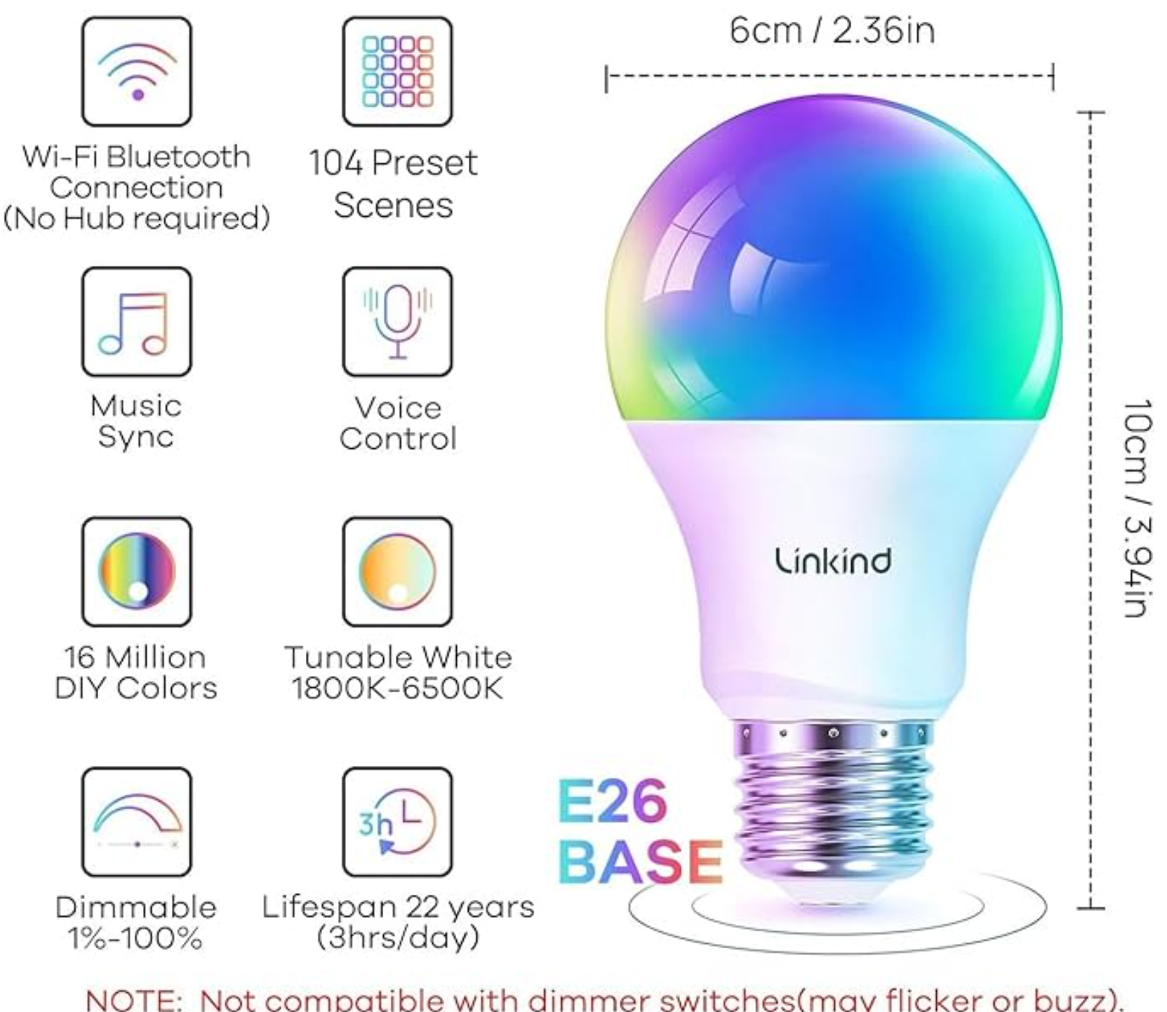 Linkind Smart Light Bulbs, Smart Bulb That Work with Alexa & Google Home, LED Light Bulbs Color Changing, 64 Preset Scenes, Music Sync, A19 E26 2.4GHz RGBTW WiFi Bluetooth Light Bulb 60W, 800LM, 4Pack