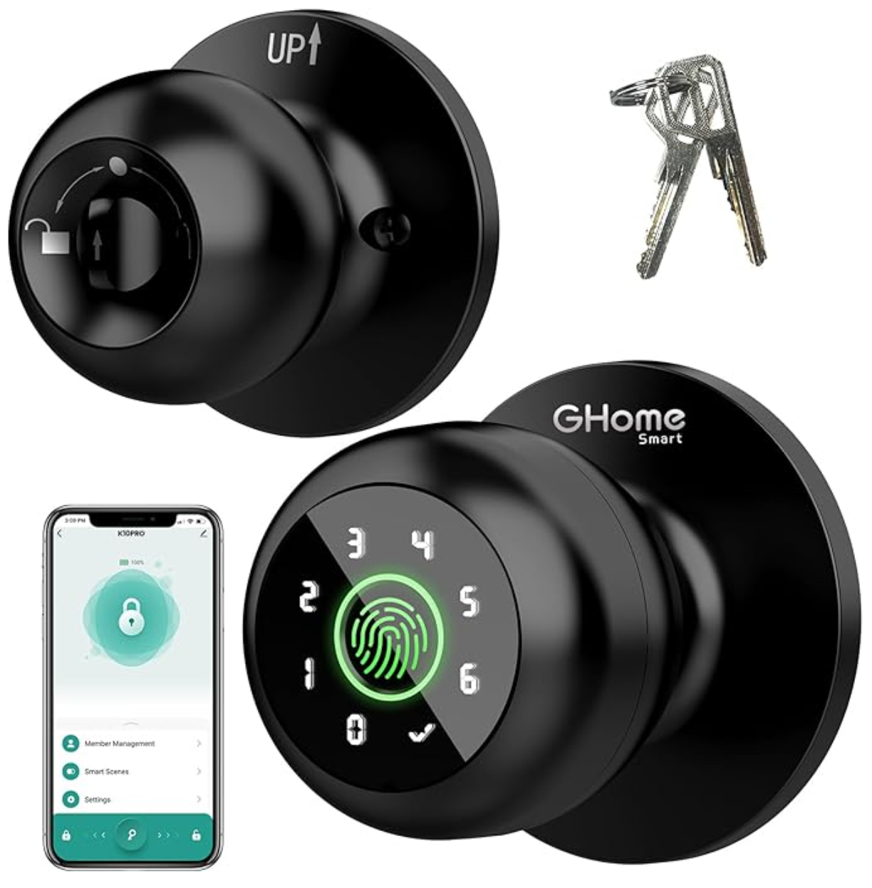 GHome Smart 4-in-1 Smart Door Knob Fingerprint Door Lock with Keypad, Biometric & App Control, Keyless Entry for Room, Garage, Office, Apartment, Local Data Storage