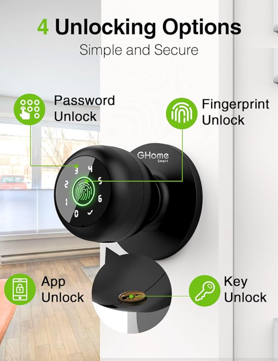 GHome Smart 4-in-1 Smart Door Knob Fingerprint Door Lock with Keypad, Biometric & App Control, Keyless Entry for Room, Garage, Office, Apartment, Local Data Storage