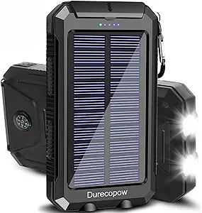 Solar Charger, 20000mAh Portable Outdoor Waterproof Solar Power Bank, Camping External Backup Battery Pack Dual 5V USB Ports Output, 2 Led Light Flashlight with Compass (Black)