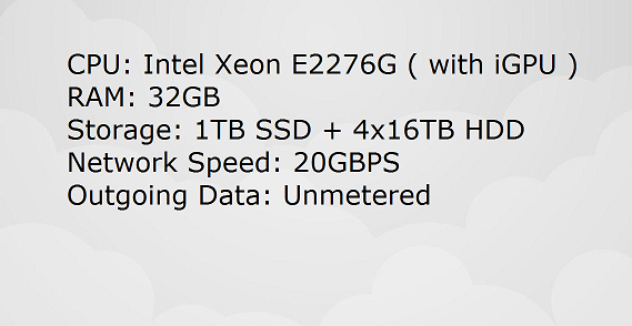 Xeon E2276G ( iGPU inside ) | 32GB | 1TB SSD + 64TB HDD | 20GBPS | Unmetered