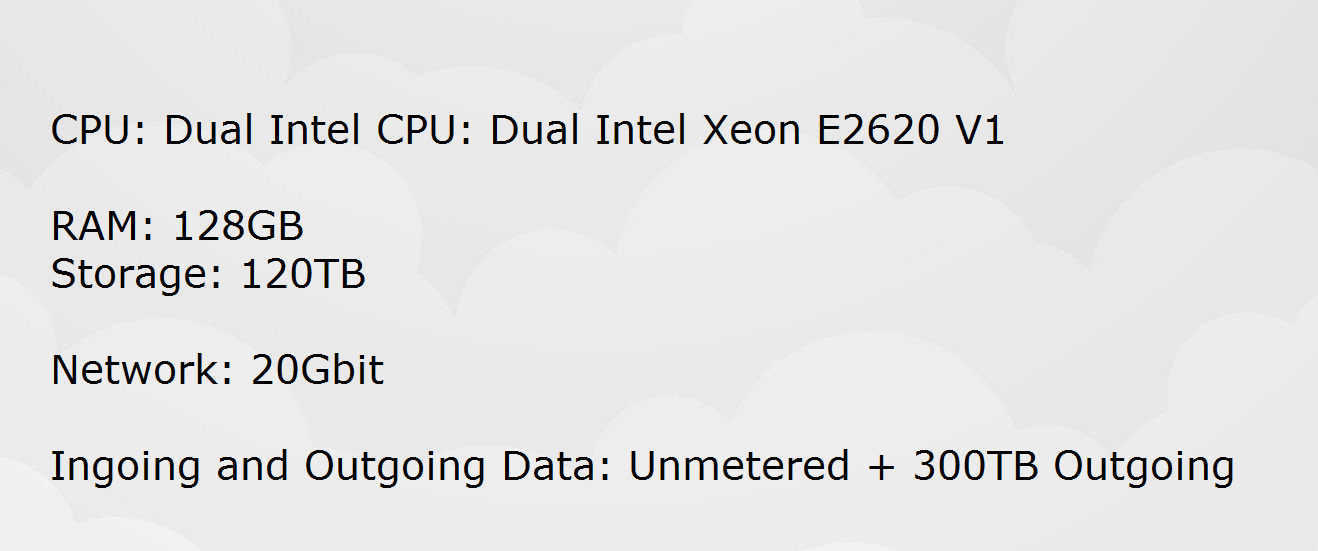 Dual Intel Xeon 2620 (V1) | 128GB RAM | 120TB HDD | 20Gbit