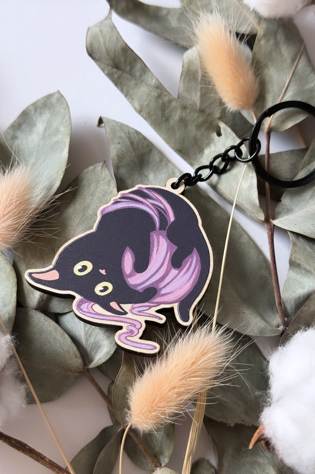 Wooden Keychain Black Cat