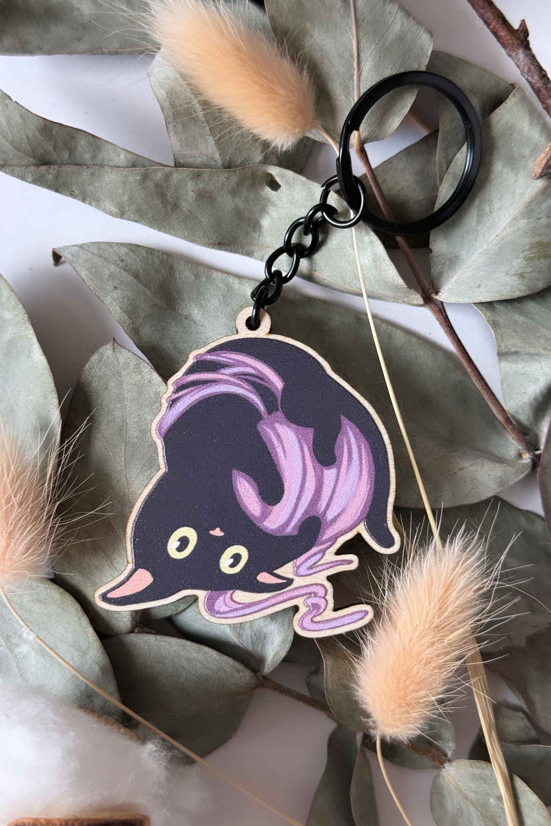 Wooden Keychain Black Cat