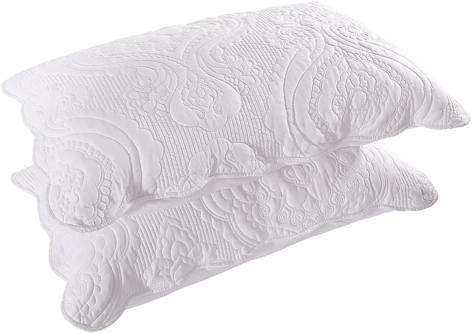 Quilted Pillow Shams Set of 2, Decorative Microfiber Queen Bed Pillow Shams, Soft Breathable Pillow Covers with Envelope Closure (White, 2Pcs:20 x 30inch)