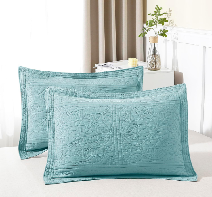 100% Cotton Quilted Pillow Sham Floral Printed Pillow Cover (Standard, Aqua Blue)