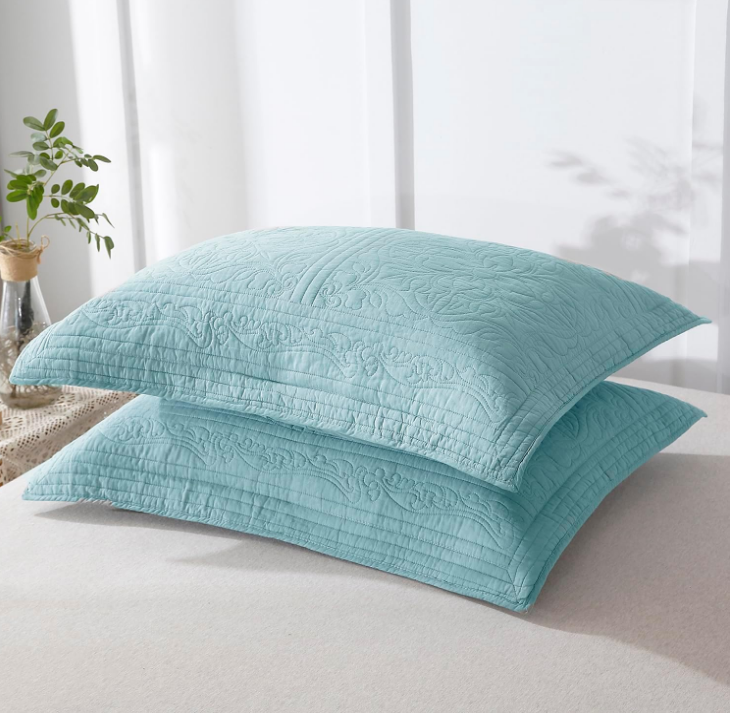 100% Cotton Quilted Pillow Sham Floral Printed Pillow Cover (Standard, Aqua Blue)