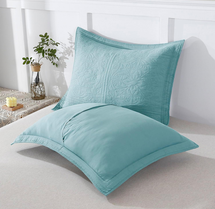 100% Cotton Quilted Pillow Sham Floral Printed Pillow Cover (Standard, Aqua Blue)