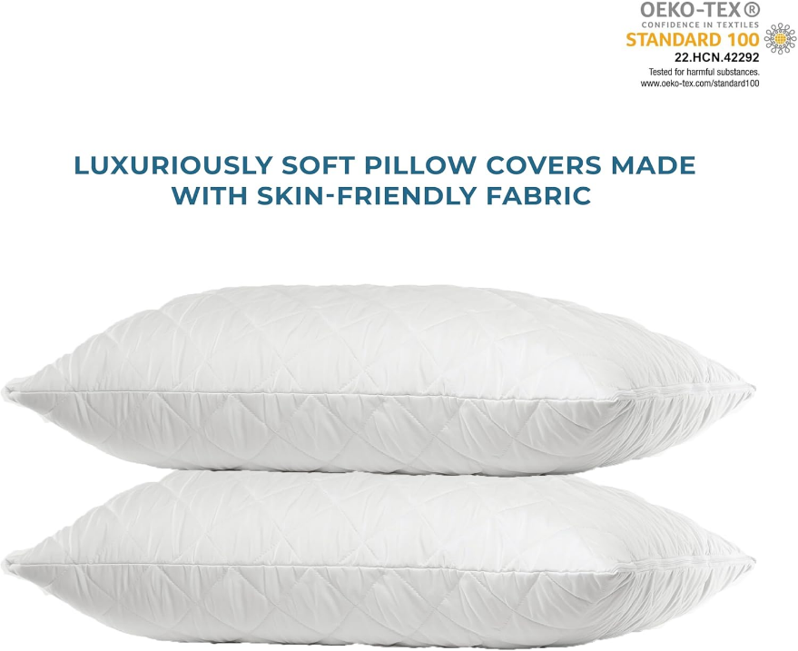 Extra Thick Quilted Pillow Protectors with Zipper Queen Size 20x30 Inches Set of 2 Soft Feather Proof Pillow Covers White Breathable Encasement