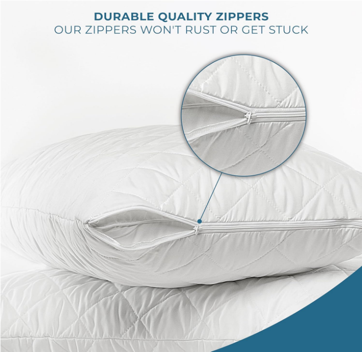 Extra Thick Quilted Pillow Protectors with Zipper Queen Size 20x30 Inches Set of 2 Soft Feather Proof Pillow Covers White Breathable Encasement