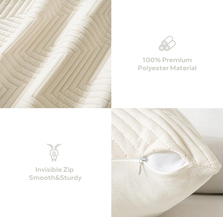 Throw Pillow Covers 20”x20” Set of 2 Decorative Pillow Cases Cream White with Zipper Square Cushion Cover Polyester Quilted Solid Soft Home Decor for Bed Sofa Living Room (NO Insert)