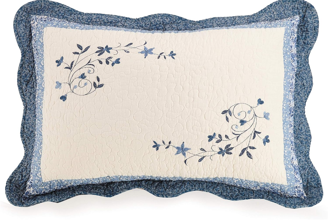 HEIRLOOM Blue Floral Embroidered Quilted Single Pillow Sham - Lightweight Breathable All Seasons Bedding, King Size