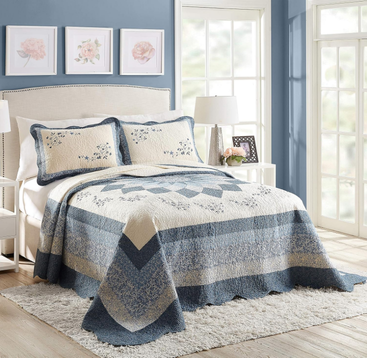 HEIRLOOM Blue Floral Embroidered Quilted Single Pillow Sham - Lightweight Breathable All Seasons Bedding, King Size