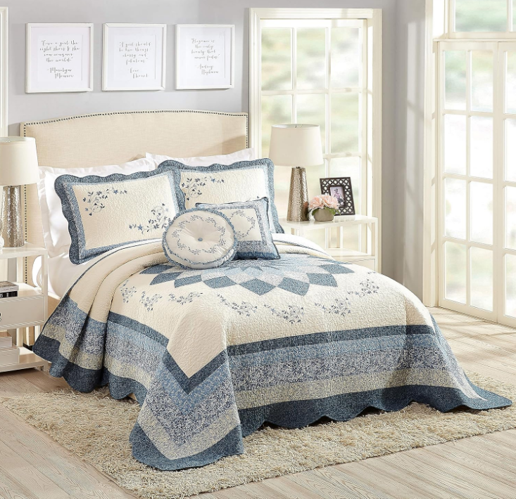 HEIRLOOM Blue Floral Embroidered Quilted Single Pillow Sham - Lightweight Breathable All Seasons Bedding, King Size