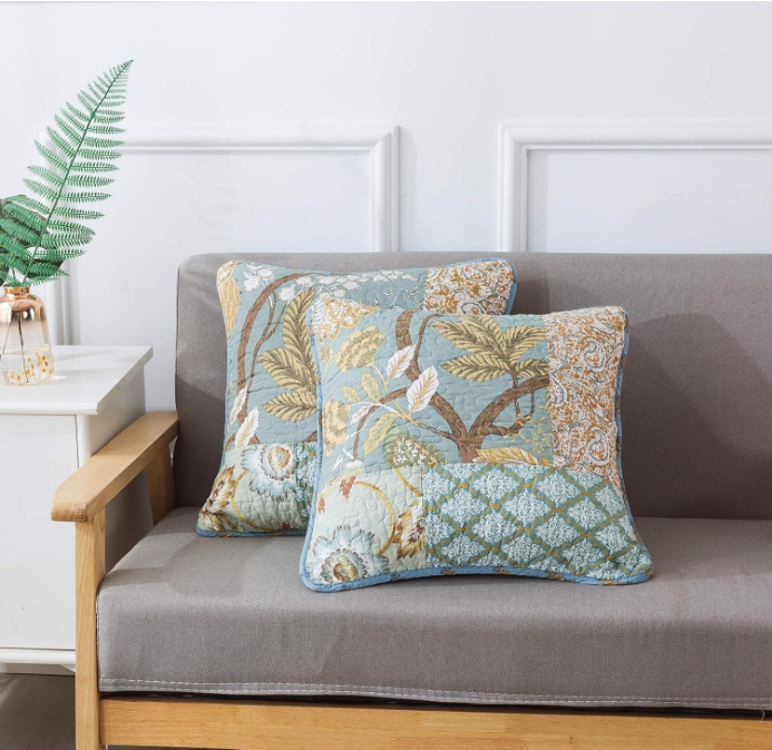 Bohemian Floral Style Cotton Throw Pillow Covers with Real Stitched Embroidery (2 Pieces, 18X18 Inch)