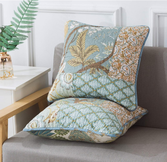 Bohemian Floral Style Cotton Throw Pillow Covers with Real Stitched Embroidery (2 Pieces, 18X18 Inch)