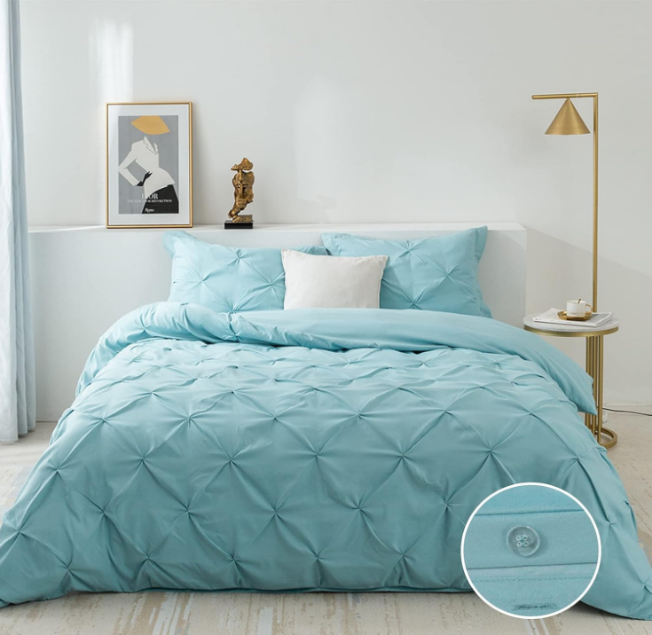 3 Pieces Bedding Duvet Cover Set, Pinch Pleated Queen Duvet Cover, Pintuck Comforter Quilt Cover with 2 Pillow Shams-Queen-90 X 90 inches-Light Blue