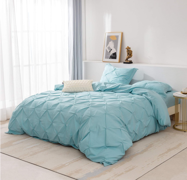 3 Pieces Bedding Duvet Cover Set, Pinch Pleated Queen Duvet Cover, Pintuck Comforter Quilt Cover with 2 Pillow Shams-Queen-90 X 90 inches-Light Blue