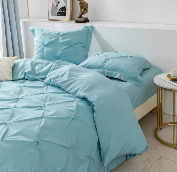 3 Pieces Bedding Duvet Cover Set, Pinch Pleated Queen Duvet Cover, Pintuck Comforter Quilt Cover with 2 Pillow Shams-Queen-90 X 90 inches-Light Blue