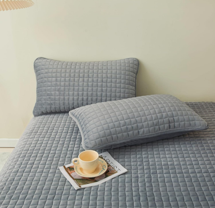 Quilted Flannel Pillowcases,2 Pack Soft Flannel Pillow Shams Covers with Envelope Closure,No Filling. (Standard, Gray)