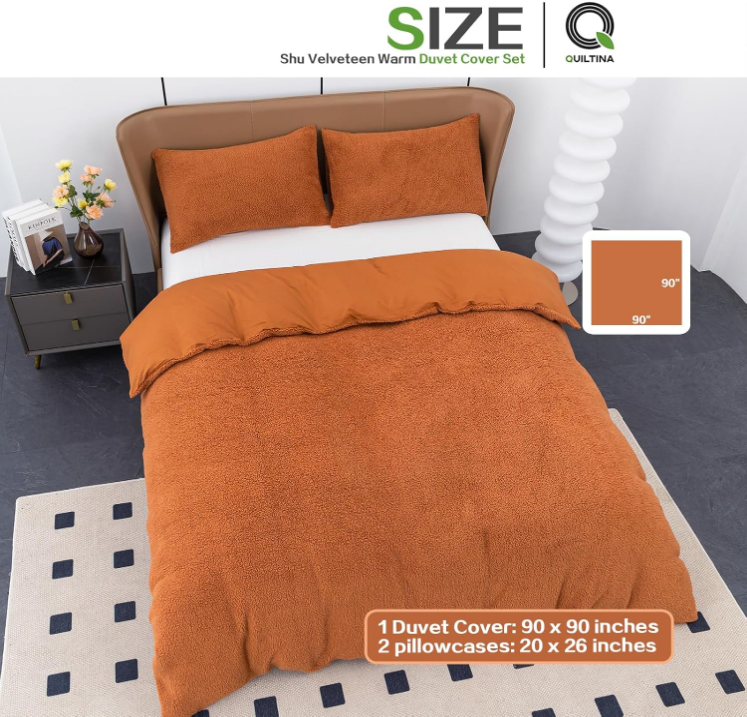 Shu Velveteen Warm Duvet Cover Set with 2 Pillowcases, Queen Size Luxury Coral Fleece Quilt Cover for Autumn Winter, Button Closure Velvet Duvet Cover, Yellowish Brown, 90" x 90"