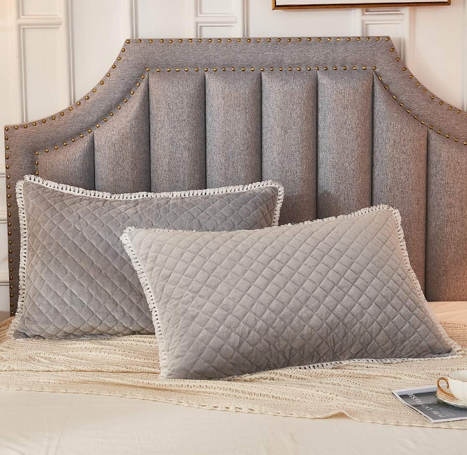 Diamond Quilted Velvet Pillowcases 2 Pack Pillow Shams Tassels Decorative Fringe Decorative Cozy Soft Zipper Closure (Light Grey, Standard)