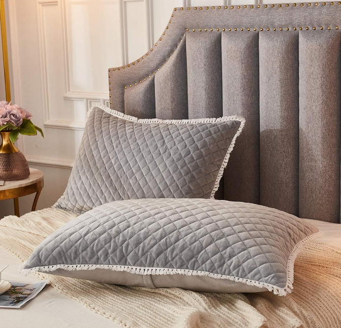 Diamond Quilted Velvet Pillowcases 2 Pack Pillow Shams Tassels Decorative Fringe Decorative Cozy Soft Zipper Closure (Light Grey, Standard)