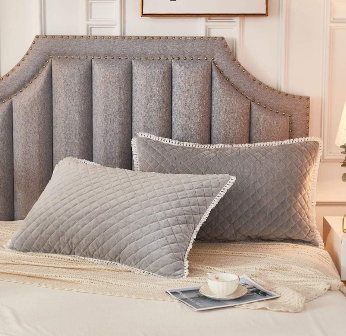 Diamond Quilted Velvet Pillowcases 2 Pack Pillow Shams Tassels Decorative Fringe Decorative Cozy Soft Zipper Closure (Light Grey, Standard)
