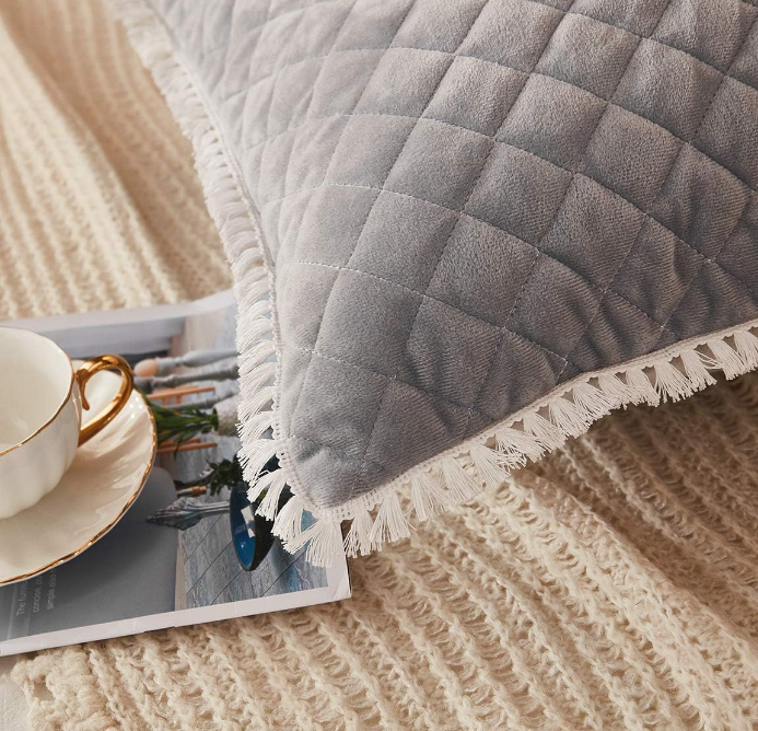 Diamond Quilted Velvet Pillowcases 2 Pack Pillow Shams Tassels Decorative Fringe Decorative Cozy Soft Zipper Closure (Light Grey, Standard)