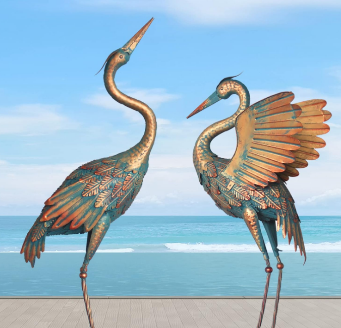 33-37 Inch Metal Crane Garden Statue Décor, Bird Heron Garden Sculpture & Statues, Outdoor Decoration for Yard Pond Lawn Backyard Pool, Vintage Spread Wings Crane, Set of 2 Copper