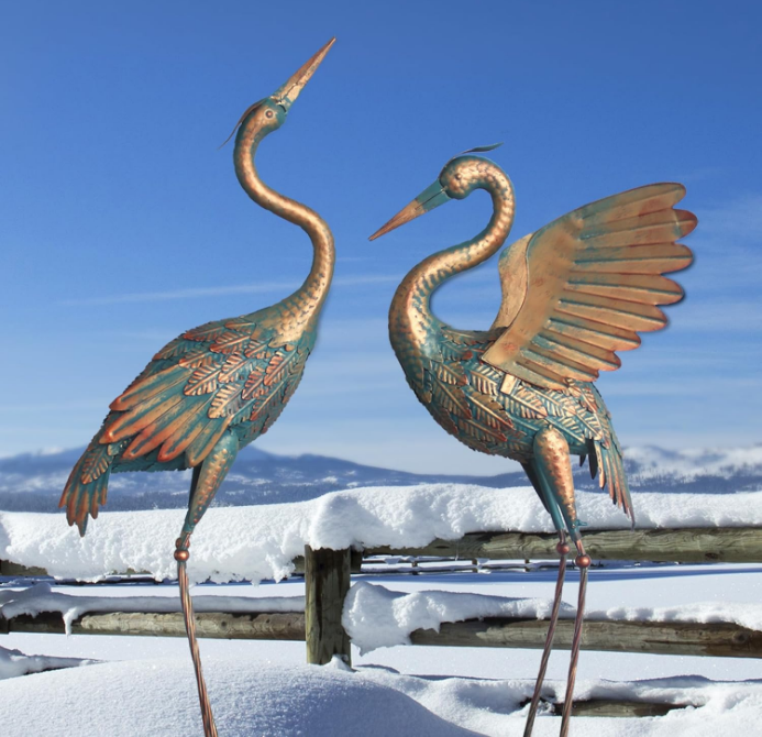 33-37 Inch Metal Crane Garden Statue Décor, Bird Heron Garden Sculpture & Statues, Outdoor Decoration for Yard Pond Lawn Backyard Pool, Vintage Spread Wings Crane, Set of 2 Copper