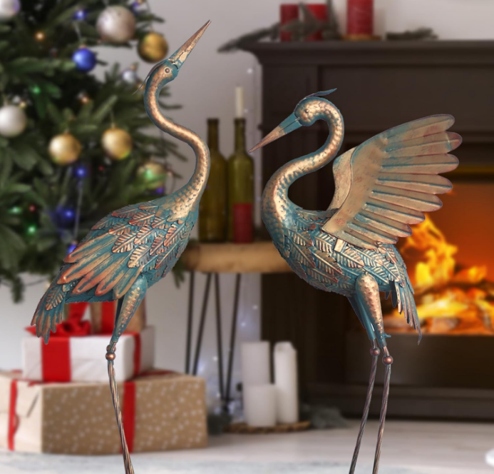 33-37 Inch Metal Crane Garden Statue Décor, Bird Heron Garden Sculpture & Statues, Outdoor Decoration for Yard Pond Lawn Backyard Pool, Vintage Spread Wings Crane, Set of 2 Copper
