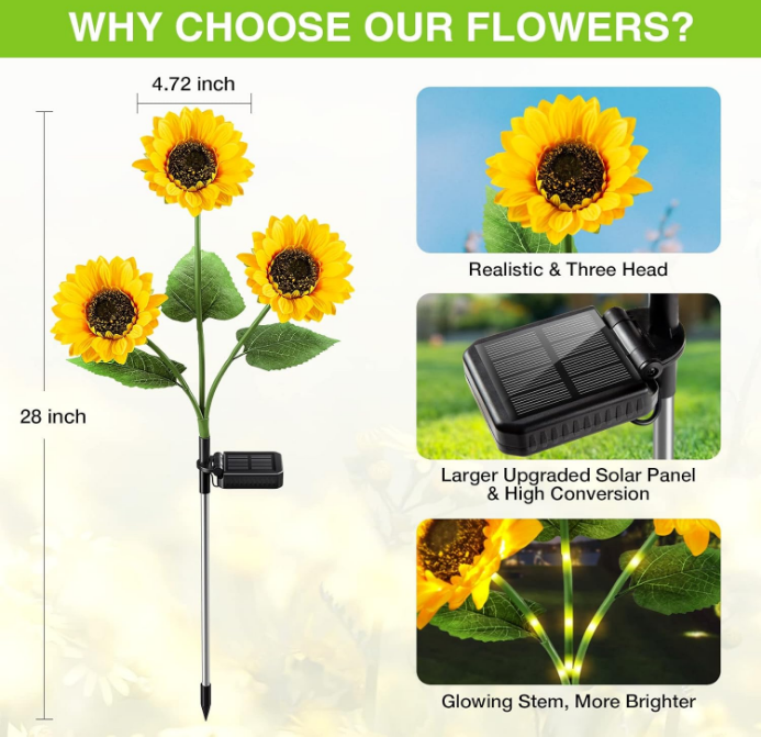 Solar Garden Lights Outdoor Waterproof, 3 Pack Sunflower Solar Lights for Outside with 9 Lifelike Sunflower, 36 Bright LED Solar Powered Outdoor Lights for Yard Pathway Garden Decorations