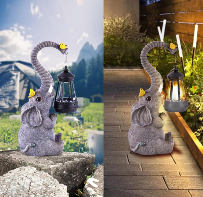 Solar Outdoor Garden Statues Lights, Elephant Figurines with Cute Birds Garden Sculpture Decor, Lucky Elephant Mother Gifts for Women, Men or Daughter, Unique Housewarming Gifts and Yard Decoration