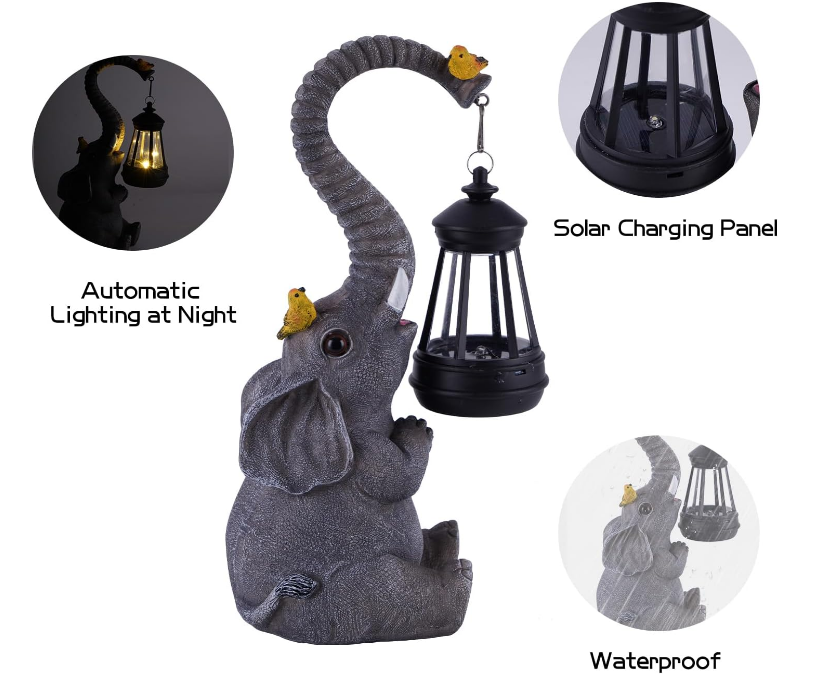Solar Outdoor Garden Statues Lights, Elephant Figurines with Cute Birds Garden Sculpture Decor, Lucky Elephant Mother Gifts for Women, Men or Daughter, Unique Housewarming Gifts and Yard Decoration