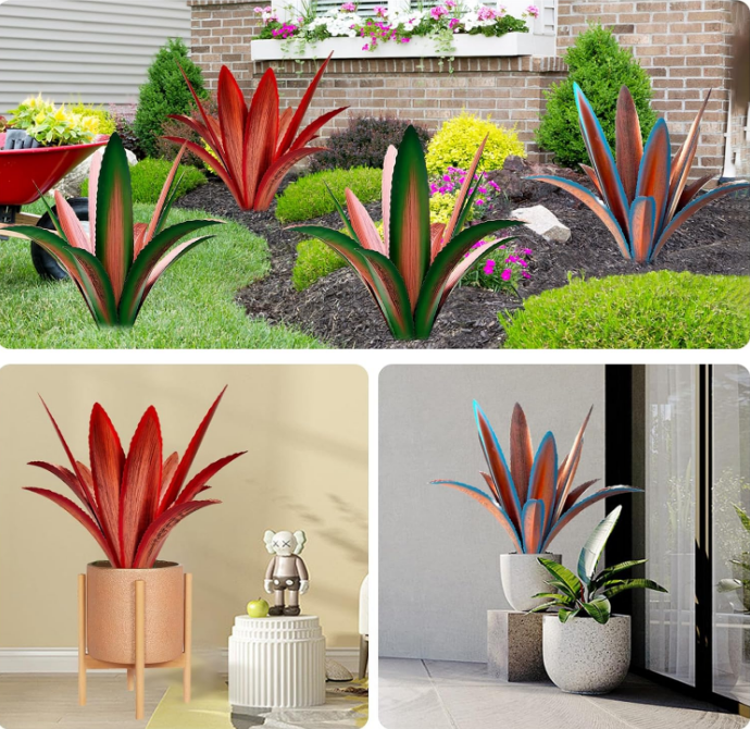 Enlarge thickened Wind Resistant Metal Agave Garden Art Metal Plant Country Garden Sculpture Statue Outdoor decoration Agave Metal Plant Courtyard Garden Lawn Ornament Gift (1, 12 Leaves blue)