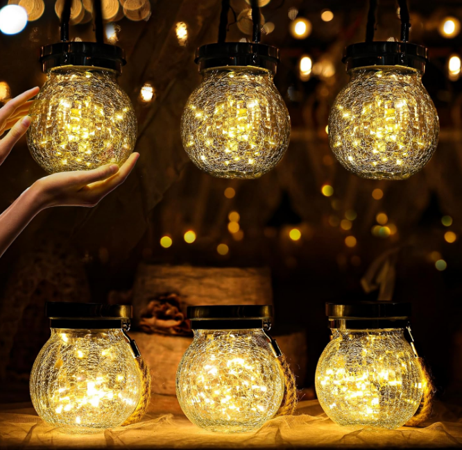 6 Pack Solar Lanterns Outdoor Waterproof Hanging Crack Glass Lanterns 30 LED Fairy Lights Garden Patio Porch Yard Backyard Balcony Lawn Tree Deck Table Decor Stainless Cover - Large Lantern