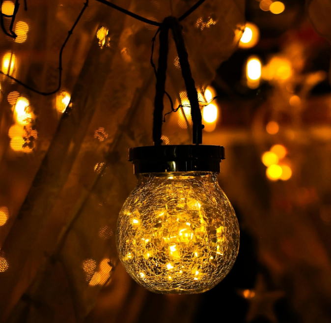 6 Pack Solar Lanterns Outdoor Waterproof Hanging Crack Glass Lanterns 30 LED Fairy Lights Garden Patio Porch Yard Backyard Balcony Lawn Tree Deck Table Decor Stainless Cover - Large Lantern