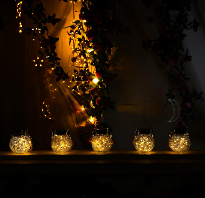 6 Pack Solar Lanterns Outdoor Waterproof Hanging Crack Glass Lanterns 30 LED Fairy Lights Garden Patio Porch Yard Backyard Balcony Lawn Tree Deck Table Decor Stainless Cover - Large Lantern