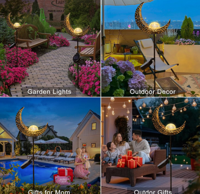 Moon Solar Lights Outdoor Garden Stakes, Waterproof Crackle Glass Metal Decorative Lights for Lawn, Patio Accessories, Backyard Decorations Birthday,Christmas Gift Mom Grandma (Bronze)