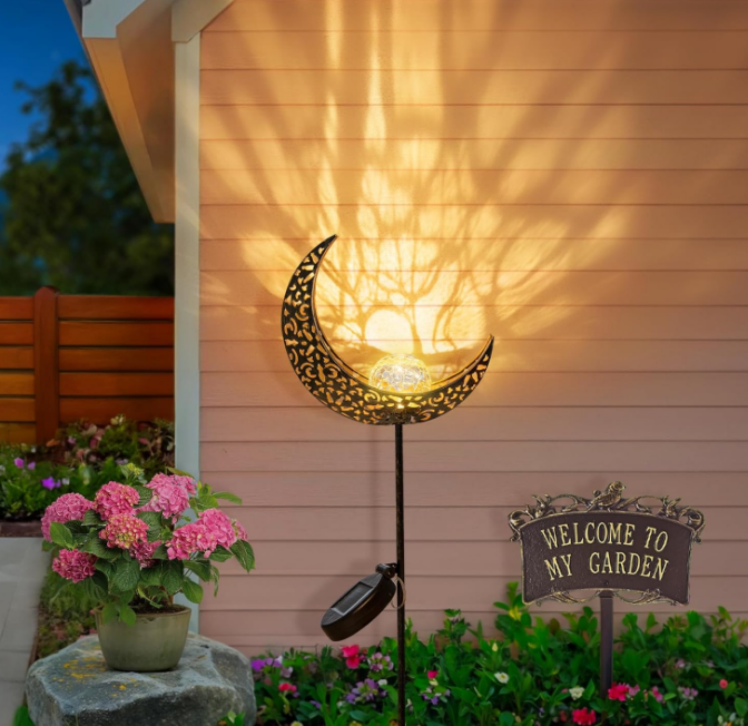 Moon Solar Lights Outdoor Garden Stakes, Waterproof Crackle Glass Metal Decorative Lights for Lawn, Patio Accessories, Backyard Decorations Birthday,Christmas Gift Mom Grandma (Bronze)