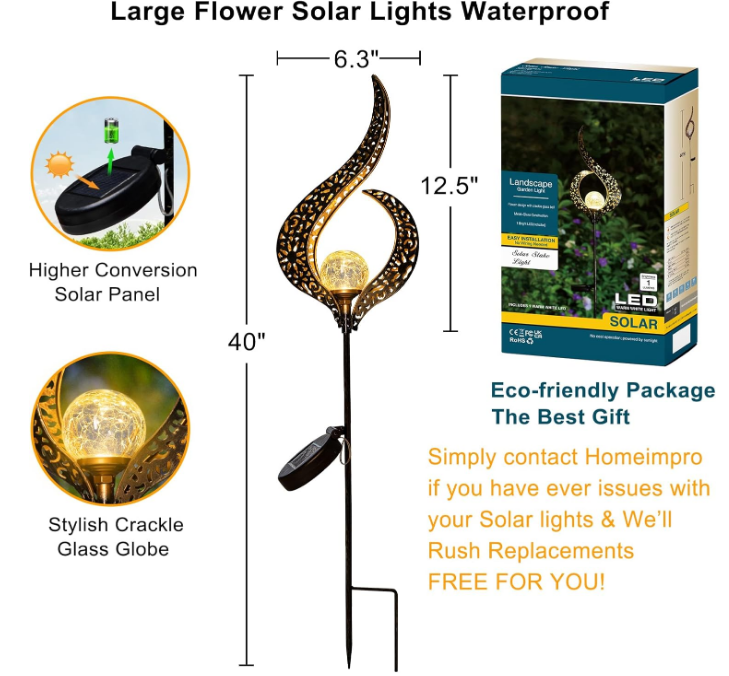 Outdoor Garden Solar Lights Stake Lights, Crackle Glass Globe,Metal Flower Waterproof LED Fairy Lights for Pathway,Lawn,Patio or Courtyard,Gardening Gift (Bronze)